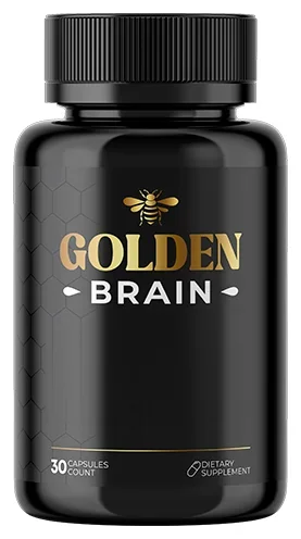 Black capsule bottle with a gold bee emblem and a label reading Golden Brain, 30 capsules, dietary supplement